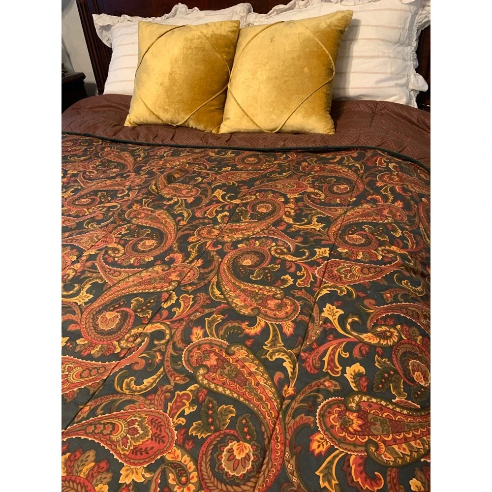Croscill Vintage Paisley Comforter Green Burgundy Red Reversible Made in USA